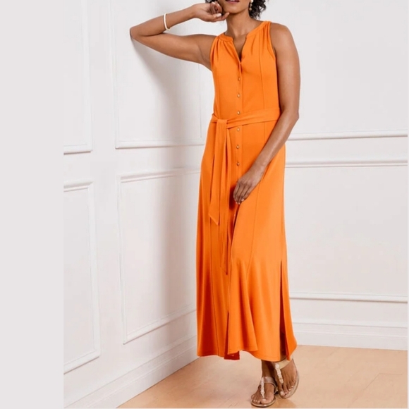 Talbots NWT Petites Orange Sleeveless Jersey Maxi Shirtdress Belted Dress - Picture 1 of 14